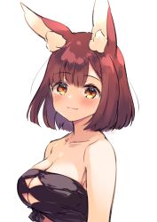 Rule 34 | 1girl, :3, animal ear fluff, animal ears, armpit crease, bandeau, bare shoulders, breasts, calm mashiro, cleavage, cleavage cutout, clothing cutout, collarbone, etrian odyssey, hound (sekaiju), large breasts, looking at viewer, orange eyes, red hair, sekaiju no meikyuu, sekaiju no meikyuu 5, short hair, simple background, smile, solo, strapless, tube top, upper body, white background