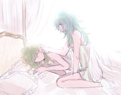 Rule 34 | 2girls, adjusting another&#039;s hair, aqua eyes, aqua hair, babydoll, bare arms, breasts, commentary request, frilled pillow, frills, from side, genderswap, genderswap (mtf), green hair, hair between eyes, hand on another&#039;s cheek, hand on another&#039;s face, hiyori sou, indoors, kimi ga shine, long hair, looking at another, lying, medium hair, midori (kimi ga shine), multiple girls, on bed, on side, parted lips, pillow, sitting, sleeping, small breasts, under covers, uououoon, wariza, wavy hair, white babydoll, yuri