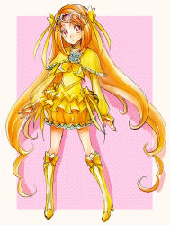 Rule 34 | 10s, 1girl, boots, bow, brooch, bubble skirt, capelet, cure muse, cure muse (yellow), heart, jewelry, knee boots, kurochiroko, long hair, magical girl, orange hair, precure, red eyes, shirabe ako, skirt, solo, suite precure, tiara, very long hair, yellow bow
