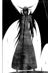 Rule 34 | 00s, 1boy, arrancar, bare arms, bat wings, bleach, expressionless, facial mark, full body, hair between eyes, horns, kubo tite, male focus, monochrome, number tattoo, official art, resurreccion, skull, sleeveless, slit pupils, solo, spoilers, tattoo, ulquiorra cifer, wings