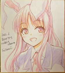 Rule 34 | 1girl, animal ears, artist name, breasts, colored pencil (medium), dated, english text, formal, highres, hisae (hisae collect), long hair, looking at viewer, medium breasts, necktie, portrait, purple hair, rabbit ears, red eyes, red necktie, reisen udongein inaba, solo, suit, touhou, traditional media, upper body