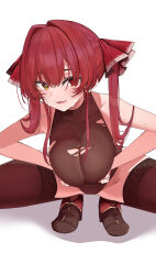 Rule 34 | 1girl, absurdres, ankle boots, black footwear, black thighhighs, boots, breasts, fang, grabbing own breast, hair ribbon, highres, hololive, houshou marine, large breasts, leotard, long hair, looking at viewer, red eyes, red hair, red ribbon, ribbon, skin fang, smile, solo, thighhighs, torn clothes, torn leotard, twintails, virtual youtuber, white background, yellow eyes, yuzuyukiha
