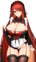 Rule 34 | 1girl, absurdres, apron, black hair, black panties, breasts, chixiao, cleavage, cleavage cutout, clothes lift, clothing cutout, frilled sleeves, frills, garter belt, garter straps, headdress, heart, heart-shaped pupils, highres, huge breasts, long sleeves, looking at viewer, maid, maid apron, maid day, mole, mole on breast, mole on thigh, mole under eye, original, panties, red eyes, red hair, seductive smile, shiny skin, skindentation, skirt, skirt lift, smile, solo, symbol-shaped pupils, thick thighs, thigh gap, thighhighs, thighs, thong, underwear