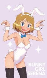 Rule 34 | 1girl, absurdres, animal ears, arms up, black thighhighs, blue bow, blue bowtie, blue eyes, bow, bowtie, breasts, brown hair, character name, cleavage, covered navel, creatures (company), detached collar, fake animal ears, game freak, gazing eye, gluteal fold, grey background, highres, leotard, looking at viewer, nintendo, open mouth, playboy bunny, pokemon, pokemon (anime), rabbit ears, rabbit tail, serena (pokemon), short hair, solo, sparkle, strapless, strapless leotard, tail, thighhighs, white leotard, wrist cuffs