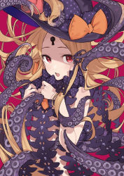 Rule 34 | 1girl, abigail williams (fate), abigail williams (second ascension) (fate), bare shoulders, black bow, black hat, blonde hair, bow, breasts, commentary request, fate/grand order, fate (series), forehead, hands up, hat, hat bow, key, keyhole, long hair, looking at viewer, multiple bows, open mouth, orange bow, parted bangs, pink background, red eyes, skull print, small breasts, solo, stuffed animal, stuffed toy, suction cups, teddy bear, tentacles, teshima nari, very long hair, witch hat