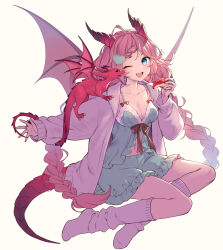 Rule 34 | 1girl, ame8desu, animal on arm, aqua dress, aqua eyes, breasts, cardigan, cleavage, collarbone, commentary request, dragon girl, dragon horns, dragon tail, dragon wings, dress, frilled dress, frills, hair ornament, heart, heart hair ornament, highres, horns, jewelry, long hair, looking at viewer, loose socks, one eye closed, open cardigan, open clothes, open mouth, original, pink cardigan, pink hair, ring, simple background, sitting, socks, solo, tail, teeth, upper teeth only, very long hair, white background, white socks, wings, yokozuwari