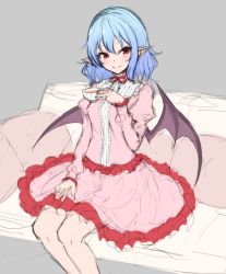 Rule 34 | 1girl, bat wings, blue hair, breasts, center frills, choker, commentary, couch, cup, dress, feet out of frame, frills, grey background, hair between eyes, hand up, holding, holding cup, juliet sleeves, junior27016, long sleeves, looking at viewer, medium breasts, no headwear, pillow, pink dress, pointy ears, puffy sleeves, red choker, red eyes, red ribbon, remilia scarlet, ribbon, ribbon choker, short hair, simple background, sitting, sketch, smile, solo, teacup, touhou, wings