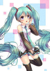 Rule 34 | 1girl, aqua hair, blue eyes, boots, detached sleeves, hatsune miku, headset, highres, long hair, natsume kei, necktie, open mouth, skirt, solo, thigh boots, thighhighs, twintails, very long hair, vocaloid