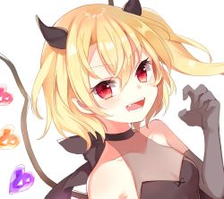 Rule 34 | 1girl, :d, alternate costume, bare shoulders, black choker, black dress, blonde hair, breasts, choker, cleavage, collarbone, commentary request, crystal, dress, fangs, flandre scarlet, gloves, grey gloves, hair between eyes, hand up, heart, horns, long hair, looking at viewer, no headwear, one side up, open mouth, paragasu (parags112), pointy ears, red eyes, see-through, simple background, sleeveless, sleeveless dress, small breasts, smile, solo, touhou, upper body, white background, wings