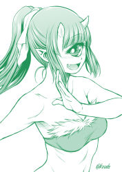Rule 34 | 1girl, :d, bare arms, bare shoulders, belt bra, blunt bangs, breasts, cyclops, fang, green theme, hand up, horns, kouda tomohiro, large breasts, looking at viewer, monochrome, monster girl, navel, one-eyed, oni, oni horns, open mouth, original, ponytail, simple background, smile, solo, twitter username, upper body, white background