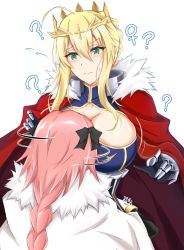 Rule 34 | 1boy, 1girl, ?, ahoge, armor, artoria pendragon (fate), artoria pendragon (lancer) (fate), astolfo (fate), between breasts, black bow, black gloves, blonde hair, blush, bow, braid, breasts, cape, cleavage, commentary request, cross, crown, face between breasts, face to breasts, fate/grand order, fate (series), flying sweatdrops, from behind, fur trim, gloves, grabbing, green eyes, hair between eyes, hair bow, head between breasts, head tilt, highres, large breasts, long hair, looking at another, pink hair, red cape, sidelocks, simple background, trap, venus symbol, watarase piro, white background, white cape