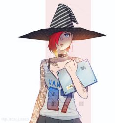 Rule 34 | 1girl, aurahack, blonde hair, blue eyes, bra strap, collar, collarbone, computer, gradient hair, hair over one eye, hat, jersey, laptop, light, multicolored hair, original, pleated skirt, red hair, signature, skirt, solo, strap slip, tattoo, upper body, witch hat