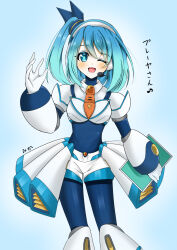 Rule 34 | 1girl, ;d, android, blue bodysuit, blue eyes, blue hair, blush, bodysuit, bodysuit under clothes, gloves, hair between eyes, headset, highres, looking at viewer, mega man (series), mega man x (series), mega man x dive, mikan 763, one eye closed, open mouth, rico (mega man), short shorts, shorts, side ponytail, smile, solo, white gloves, white shorts