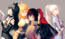 Rule 34 | 4girls, arm around neck, belt, black gloves, black hair, black shirt, black shorts, blake belladonna, blonde hair, blush, book, breasts, brown belt, brown hair, brown shirt, cape, cleavage, closed eyes, crossed arms, female focus, fingerless gloves, frilled skirt, frills, gauntlets, gloves, grey eyes, highres, hood, hooded cape, large breasts, long hair, mablex, midriff, multiple girls, neckerchief, open book, open mouth, orange neckerchief, reading, red cape, ruby rose, rwby, shirt, short hair, shorts, simple background, skirt, smile, waist cape, weapon, weiss schnee, white hair, yang xiao long
