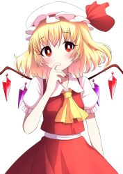 Rule 34 | 1girl, arm at side, arm up, ascot, blonde hair, blush, bright pupils, commentary request, cowboy shot, finger in own mouth, flandre scarlet, hat, hat ribbon, head tilt, highres, looking at viewer, mob cap, nail polish, puffy short sleeves, puffy sleeves, red eyes, red nails, red skirt, red vest, ribbon, shirt, short hair, short sleeves, side ponytail, simple background, skirt, solo, standing, touhou, tsukimirin, vest, white background, white hat, white pupils, white shirt, wings, yellow ascot