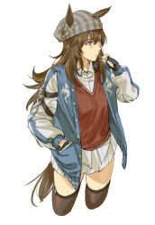 Rule 34 | 1girl, absurdres, animal ears, beanie, black gloves, blue jacket, brown hair, brown thighhighs, chinese commentary, commentary request, cowboy shot, dragon print, ears through headwear, facing away, fingerless gloves, gloves, grey hat, hair between eyes, hand in pocket, hat, highres, holding, horse ears, horse girl, horse tail, jacket, letterman jacket, long hair, long sleeves, messy hair, miniskirt, nakayama festa (umamusume), open clothes, open jacket, pleated skirt, purple eyes, red sweater, ruukii drift, simple background, skirt, solo, sukajan, sweater, tail, thighhighs, umamusume, white background, white skirt