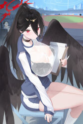 Rule 34 | 1girl, 1other, absurdres, arm support, black bra, black choker, black hair, black wings, blue archive, blush, bra, bra visible through clothes, breasts, choker, clipboard, doodle sensei (blue archive), feathered wings, feet out of frame, fingernails, gym shirt, gym uniform, hair between eyes, hasumi (blue archive), hasumi (track) (blue archive), highres, holding, holding clipboard, huge breasts, jacket, kneehighs, long hair, long hair between eyes, long sleeves, looking at another, looking at viewer, nail polish, official alternate costume, on chair, ponytail, red eyes, rikuhito juusan, sensei (blue archive), shirt, sitting, socks, solo focus, stadium, sweaty clothes, track jacket, underwear, very long hair, white shirt, white socks, wings