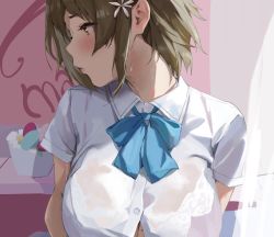 Rule 34 | 1girl, blue neckwear, blush, bra visible through clothes, bralines, breasts, brown eyes, brown hair, cleavage, collared shirt, commentary request, dress shirt, flower, hair flower, hair ornament, highres, large breasts, looking away, mole, mole on breast, musunde hiraite (mh5jta), original, pink lips, school uniform, shirt, short hair, short sleeves, sidelocks, solo, sweat, unbuttoned, white shirt
