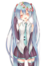 Rule 34 | 1girl, ^ ^, blue hair, closed eyes, elbow gloves, gloves, happy, hatsune miku, head tilt, head wreath, komomo (ptkrx), long hair, necktie, open mouth, simple background, skirt, smile, solo, thighhighs, twintails, very long hair, vocaloid, white background