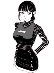 Rule 34 | 1girl, bad id, bad pixiv id, black hair, black skirt, breasts, closed mouth, dende (dndn222), earrings, greyscale, hair behind ear, highres, jewelry, large breasts, long sleeves, looking at viewer, monochrome, original, scan, scan artifacts, shirt, short hair, short ponytail, skirt, solo, standing, striped clothes, striped shirt, thighs, traditional media, turtleneck