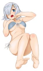 Rule 34 | 10s, 1girl, bad id, bad twitter id, barefoot, bikini, blue eyes, breast suppress, breasts, feet, front-tie top, full body, hair ornament, hair over one eye, hairclip, hamakaze (kancolle), kantai collection, large breasts, ojipon, open mouth, short hair, side-tie bikini bottom, silver hair, simple background, soles, solo, swimsuit, underboob, white background
