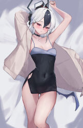 Rule 34 | 1girl, bare legs, bare shoulders, black choker, black dress, black hair, black horns, black panties, blue archive, blush, breasts, choker, demon horns, dress, ear piercing, grey hair, grey halo, grey jacket, hair between eyes, halo, highres, horns, jacket, kayoko (blue archive), kayoko (dress) (blue archive), long hair, looking at viewer, mole, mole on neck, multicolored hair, official alternate costume, open clothes, open jacket, panties, piercing, red eyes, sakyuro501, simple background, small breasts, solo, studded choker, thighs, underwear, white background