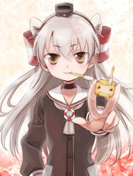 Rule 34 | 10s, 1girl, amatsukaze (kancolle), between fingers, blush, brown dress, brown eyes, dress, food in mouth, grey neckerchief, hair between eyes, hair tubes, headgear, holding, kantai collection, long hair, long sleeves, looking at viewer, neckerchief, outside border, primary stage, sailor collar, sailor dress, silver hair, smile, solo, two side up, upper body