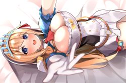 Rule 34 | 1girl, :d, absurdres, bed sheet, belt, blue eyes, blush, breasts, cleavage, enishi96, foreshortening, gloves, highres, large breasts, long hair, looking at viewer, lying, necktie, o-ring, o-ring belt, on back, open mouth, orange hair, outstretched hand, pecorine (princess connect!), princess connect!, red necktie, skirt, smile, solo, tiara, white gloves, white skirt