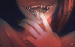 Rule 34 | 1girl, aurahack, commentary, english commentary, finger to tongue, head out of frame, nail polish, original, patreon username, saliva, sharp teeth, sketch, solo, teeth, tongue, tongue out