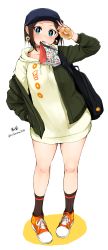 Rule 34 | 1girl, absurdres, arm up, artist name, backpack, bag, baseball cap, black legwear, blush, cardigan, doughnut, earrings, food, food-themed earrings, full body, hat, highres, holding, hood, hoodie, jewelry, kirikirimai (kkm), looking at viewer, mister donut, mouth hold, necklace, open cardigan, open clothes, original, parted bangs, pigeon-toed, ribbed legwear, shoes, short hair with long locks, signature, simple background, sneakers, solo, standing, thighs, twitter username, white background