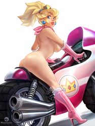 Rule 34 | 1girl, absurdres, ass, bicycle, blonde hair, boots, breasts, high heel boots, high heels, highres, jewelry, large breasts, legs, looking at viewer, mario (series), mario kart, mario kart wii, momo-deary, nintendo, nipples, nude, ponytail, princess peach, riding, riding bicycle, sideboob, sitting, smile, solo