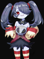 Rule 34 | 1girl, bare shoulders, blue skin, colored skin, hair over one eye, highres, skirt, skullgirls, solo, squigly (skullgirls), stitched mouth, stitches, striped legwear, striped sleeves, twintails, zombie