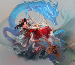 Rule 34 | 1girl, absurdres, black hair, dragon, dungeon and fighter, female priest (dungeon and fighter), flower, full body, grey background, hair bun, hair flower, hair ornament, highres, holding, holding staff, keto cactus, leg up, long hair, looking to the side, official art, orb, parted lips, shaman (dungeon and fighter), smoke, solo, staff, teeth, yin yang, yin yang orb