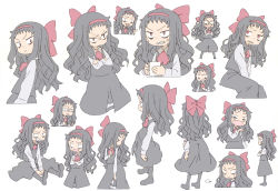 Rule 34 | 1girl, absurdres, anger vein, angry, bags under eyes, black hair, boots, bow, character sheet, child, crossed arms, dress, female focus, hair bow, highres, long hair, masikakuma, open mouth, original, pale color, red bow, red eyes, sharp teeth, simple background, sitting, slit pupils, solo, teeth, white background