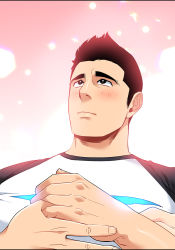 Rule 34 | 1boy, black hair, blush, brown hair, close-up, frown, holding, liebling, looking up, male focus, mature male, scar, scar on chest, shirt, solo, spiked hair, t-shirt, taehoon park, thick eyebrows, upper body, user cesh5454