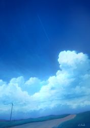 Rule 34 | alu.m (alpcmas), blue sky, cloud, commentary request, contrail, cumulonimbus cloud, grass, highres, hill, mixed-language commentary, mountainous horizon, no humans, original, path, power lines, road, rural, scenery, signature, sky, utility pole