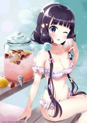 Rule 34 | 1girl, bare arms, bare shoulders, bench, bikini, blend s, blush, bow, breasts, cleavage, collarbone, commentary request, cup, dated, drinking glass, fingernails, food, food-themed hair ornament, fruit, green bow, hair bow, hair ornament, head tilt, holding, holding cup, holding drinking glass, lemon, lemon slice, long hair, looking at viewer, low twintails, medium breasts, navel, neki (wakiko), on bench, one eye closed, parted lips, pink bow, polka dot, polka dot bikini, purple bow, purple eyes, purple hair, sakuranomiya maika, sitting, solo, sparkle, strapless, strapless bikini, strawberry, strawberry hair ornament, swimsuit, table, thighs, twintails, twitter username, very long hair, white bikini, yellow bow