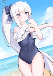 Rule 34 | 1girl, beach, black one-piece swimsuit, blue archive, blue sky, bow, cloud, cloudy sky, collarbone, commentary request, covered navel, frilled one-piece swimsuit, frills, hair between eyes, hair bow, hair ribbon, halo, highres, ine (ineinnen), long hair, looking at viewer, miyako (blue archive), miyako (swimsuit) (blue archive), ocean, official alternate costume, official alternate hairstyle, one-piece swimsuit, outdoors, ponytail, purple eyes, ribbon, sky, sleeveless, solo, stretching, swimsuit, white hair