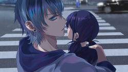 Rule 34 | 1boy, 1girl, absurdres, aqua eyes, blue hair, blurry, car, couple, crosswalk, depth of field, earrings, emalfire, hand on another&#039;s shoulder, highres, hood, hoodie, jewelry, looking at viewer, looking back, luka couffaine, marinette dupain-cheng, miraculous ladybug, motor vehicle, outdoors, purple hair, road, short twintails, single earring, street, twintails