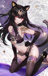 Rule 34 | 1girl, animal ears, anklet, black hair, black nails, breasts, cat ears, cat tail, commentary request, crop top, egyptian, egyptian clothes, elbow gloves, eye of horus, eyeshadow, feet, gloves, hand on own hip, hand on own thigh, heart, highres, jewelry, juexing (moemoe3345), long hair, makeup, medium breasts, midriff, nail polish, navel, original, sleeveless, sleeveless turtleneck, smile, solo, tail, thighhighs, toeless legwear, toenail polish, toenails, toes, turtleneck, yellow eyes