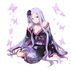 Rule 34 | 1girl, anklet, black kimono, breasts, bug, butterfly, cleavage, closed mouth, collarbone, floral print, flower, full body, hair flower, hair ornament, highres, insect, japanese clothes, jewelry, kimono, long hair, long sleeves, looking at viewer, medium breasts, off shoulder, official art, okobo, parted bangs, print kimono, purple eyes, purple flower, purple hair, purple rose, quinella, rose, sandals, sitting, smile, smug, solo, sword art online, sword art online: memory defrag, transparent background, very long hair