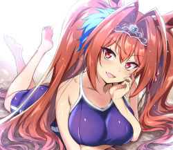 Rule 34 | 1girl, animal ears, backlighting, barefoot, blue one-piece swimsuit, breasts, daiwa scarlet (umamusume), foreshortening, hair intakes, head tilt, horse ears, horse girl, horse tail, large breasts, long hair, looking at viewer, lying, nakahira guy, on stomach, one-piece swimsuit, open mouth, red eyes, red hair, smile, solo, swimsuit, tail, tiara, twintails, umamusume