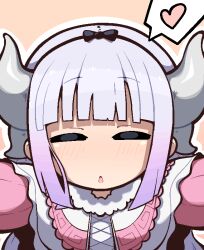 Rule 34 | 1girl, = =, average-hanzo, blunt bangs, blush, closed eyes, commentary, dragon girl, dragon horns, dress, english commentary, heart, horns, incoming kiss, kanna kamui, kobayashi-san chi no maidragon, orange background, outline, parted lips, purple dress, purple hair, reaching, reaching towards viewer, simple background, solo, speech bubble, spoken heart, white outline