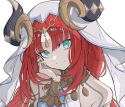 Rule 34 | 1girl, bare shoulders, blue eyes, blue gemstone, blunt bangs, bracer, brooch, circlet, colored eyelashes, dancer, detached sleeves, eyeshadow, fake horns, gem, genshin impact, gold trim, green eyes, hand on own cheek, hand on own face, hand up, harem outfit, head tilt, highres, horns, jewelry, light smile, long hair, looking at viewer, low twintails, makeup, neck ring, nilou (genshin impact), parted bangs, portrait, puffy sleeves, red eyeshadow, red hair, ring hair ornament, shockwhite3, signature, simple background, smile, solo, twintails, twitter username, veil, white background, white headdress, white headwear, white veil