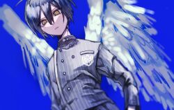 Rule 34 | 1boy, ahoge, angel wings, black hair, breast pocket, brown eyes, buttons, closed mouth, danganronpa (series), danganronpa v3: killing harmony, double-breasted, dutch angle, hair between eyes, highres, jacket, long sleeves, looking at viewer, male focus, pale skin, pocket, saihara shuichi, short hair, solo, striped clothes, striped jacket, wi mu (imu154 ss), wings