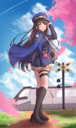 Rule 34 | 1girl, belt, black belt, black footwear, black hair, blue coat, blue hat, blue jacket, blue necktie, blue sky, blush, boots, breasts, brown eyes, cherry blossoms, closed mouth, cloud, coat, coat on shoulders, collared shirt, commentary, day, diesel (nikke), earrings, full body, gloves, goddess of victory: nikke, hand up, hat, highres, jacket, jewelry, knee boots, long hair, looking at viewer, medium breasts, military, military hat, military uniform, muwa12, necktie, outdoors, peaked cap, pleated skirt, pouch, shadow, shirt, sidelocks, skirt, sky, smile, solo, standing, striped necktie, thigh belt, thigh strap, triangle earrings, uniform, white gloves, white shirt, white skirt