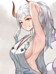 Rule 34 | 1girl, absurdres, arm behind head, arm up, armpits, breasts, cleavage, curled horns, from side, green hair, grey hair, grin, highres, horns, japanese clothes, kimono, large breasts, long hair, looking at viewer, multicolored hair, multicolored horns, one piece, oni, orange horns, presenting armpit, red horns, rope, shimenawa, sideboob, sleeveless, sleeveless kimono, smile, solo, stomach, upper body, yamato (one piece), yellow eyes, younki