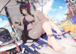 Rule 34 | 1girl, alternate costume, amagi (azur lane), animal ear fluff, animal ears, ankle ribbon, azur lane, barefoot, beach, beach chair, beach towel, beach umbrella, bikini, blunt bangs, book, breasts, breasts apart, brown hair, cleavage, cocktail, commentary request, contemporary, day, drink, drinking straw, dutch angle, eyebrows hidden by hair, feet, foreshortening, fox ears, hairband, highres, innertube, large breasts, leg ribbon, lifebuoy, light rays, long hair, looking at viewer, midriff, navel, no tail, ocean, open mouth, outdoors, perspective, plumw, purple bikini, purple eyes, purple hairband, ribbon, sand, sky, star (symbol), sunlight, swim ring, swimsuit, table, thick eyebrows, thighs, toes, towel, umbrella, very long hair, water