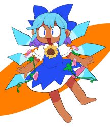 Rule 34 | 1girl, barefoot, blue bow, blue dress, blue eyes, blue hair, bow, cirno, dress, flower, furukawa (yomawari), hair bow, hair ribbon, hidden star in four seasons, highres, ice, ice wings, open mouth, outstretched arms, plant, puffy short sleeves, puffy sleeves, ribbon, short hair, short sleeves, sidelocks, solo, sunflower, tan, tanned cirno, touhou, vines, wings