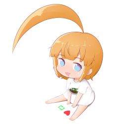 Rule 34 | 1girl, absurdres, ahoge, barefoot, blue eyes, blush, breasts, chibi, drooling, female focus, fraankyy, highres, huge ahoge, looking at viewer, meme attire, mouth drool, nose blush, on ground, open mouth, orange hair, original, pepe the frog, shirt, simple background, sitting, smile, tareme, white background, white shirt